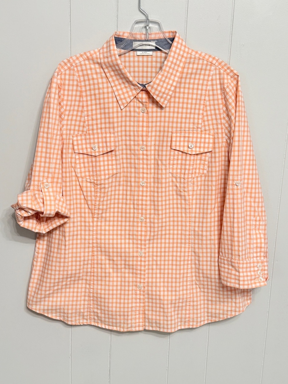 #17) Van Heusen Peach Gingham Button-Down Shirt with 3/4 Sleeve & Roll-tab